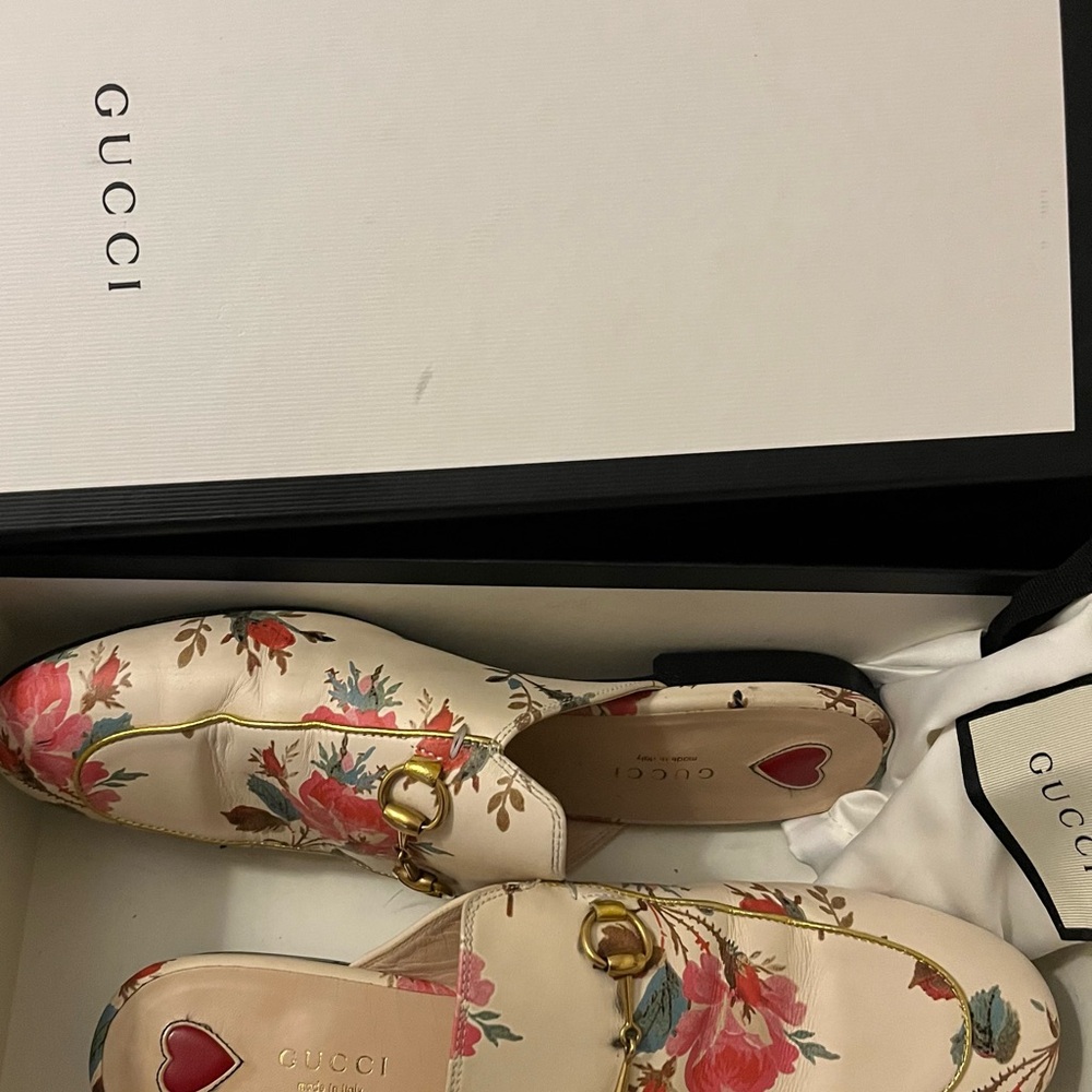Gucci Floral Leather Horsebit Mules in Cream with Pink & Red Accents - Picture 10 of 13